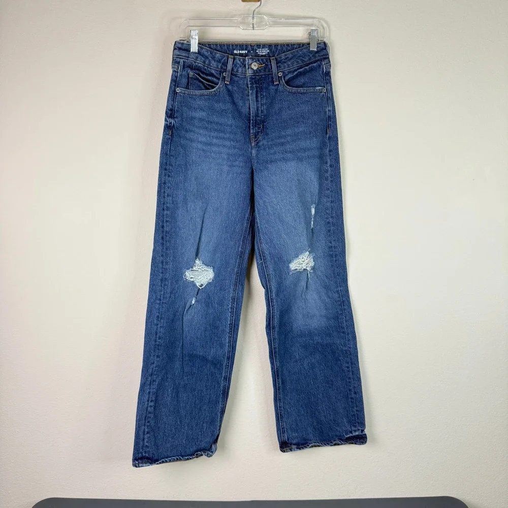 Old Navy Jeans Womens 4 Sky-Hi Wide Leg Extra High Rise Distressed Medium Wash
